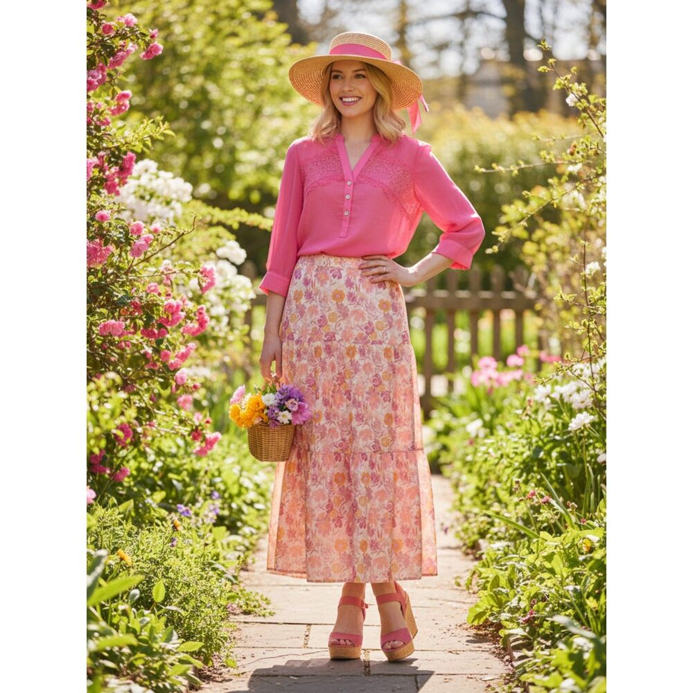 Bailey's Blossoms Pink Floral Tiered Maxi Skirt | Size L | NWT